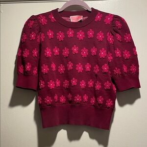Kate Spade NY Mainline Marker Maroon with Pink Floral Puff Design Sweater